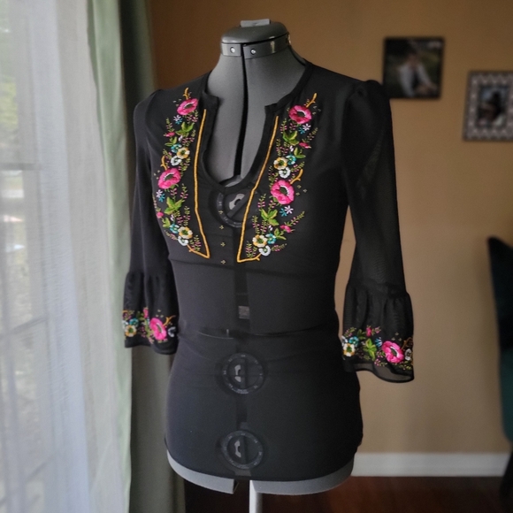 Express Sheer Black Blouse with Colorful Floral Embroidery Size XS - Picture 1 of 7
